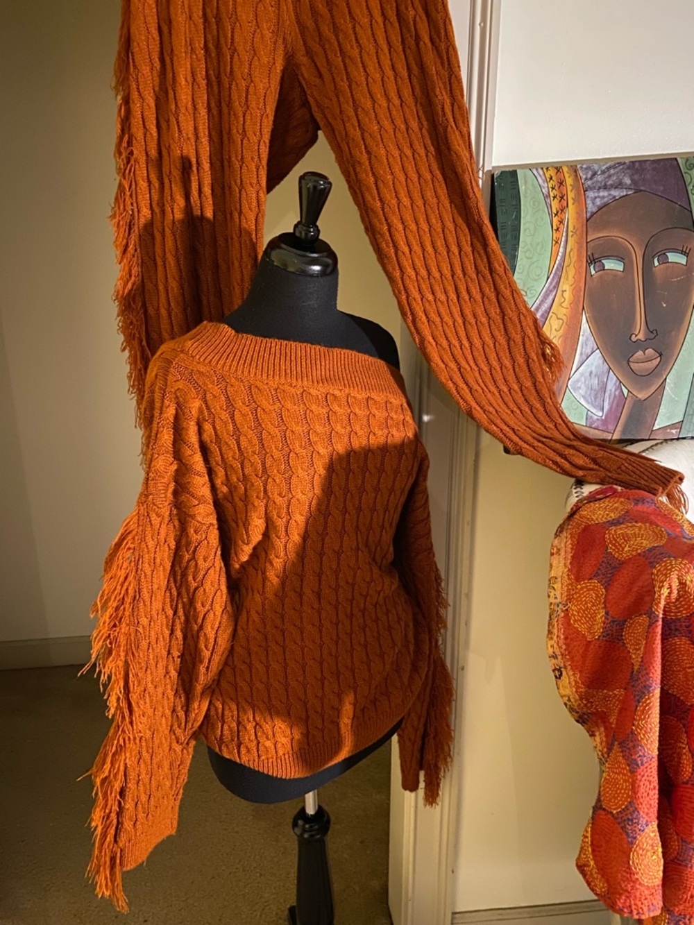 Fringed Two-Piece Orange Cable-Knit Set